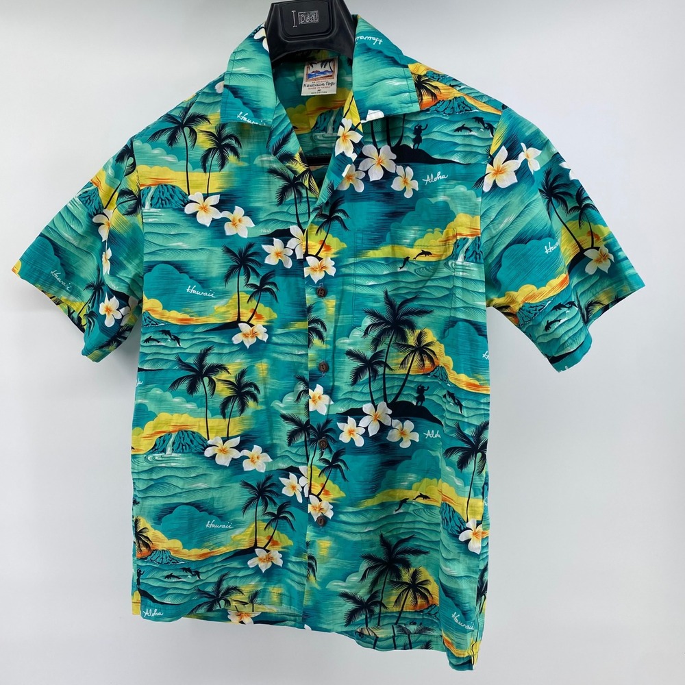 Hawaiian Togs Mens M Aloha Shirt Teal Tropical Palm Tree Dolphin Cotton HI Made - Picture 2 of 8